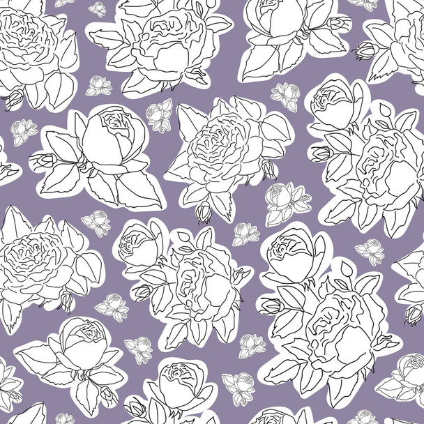 Vector hand getrokken witte roos naadloze patroon achtergrond op licht violet oppervlak - Vector, afbeelding