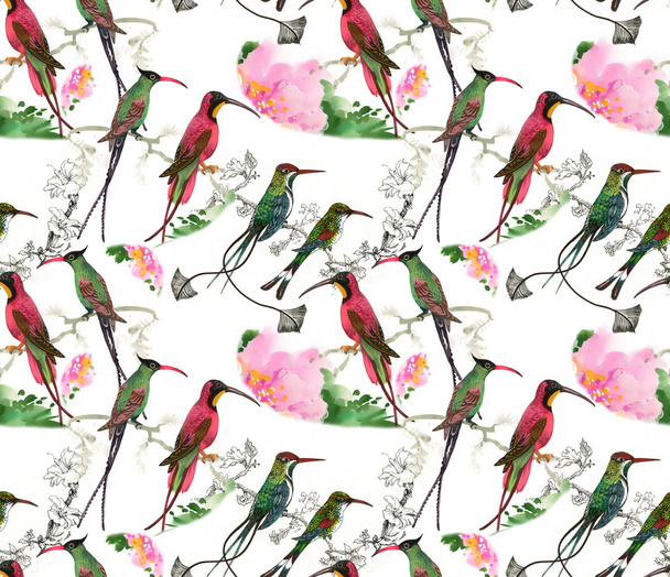 Birds and flowers seamless pattern - Zdjęcie, obraz