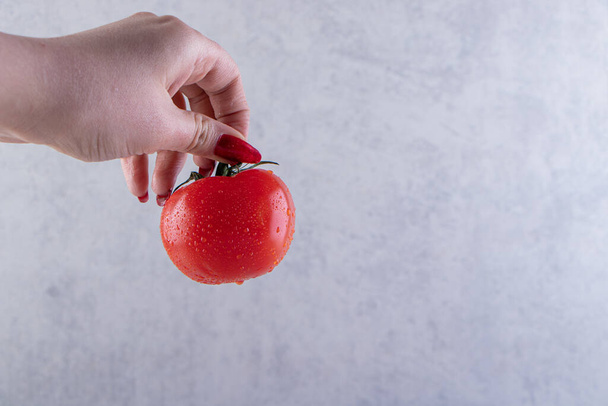 mano che tiene il pomodoro rosso su fondo grigio - Foto, immagini