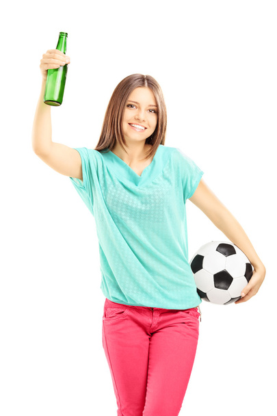 Female fan holding soccer ball - Φωτογραφία, εικόνα