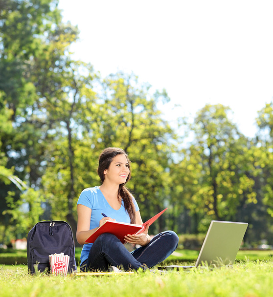 Girl sitting in park and writing - Zdjęcie, obraz