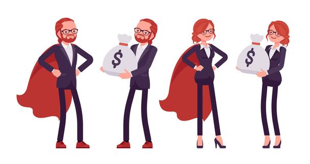 Empresário, empresária de cabelos vermelhos trabalhador de escritório em capa, saco de dinheiro - Vetor, Imagem
