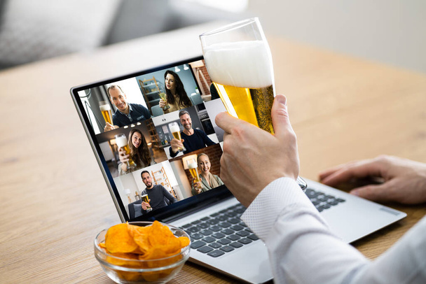 Online Virtual Beer Drinking Party On Laptop - Photo, image