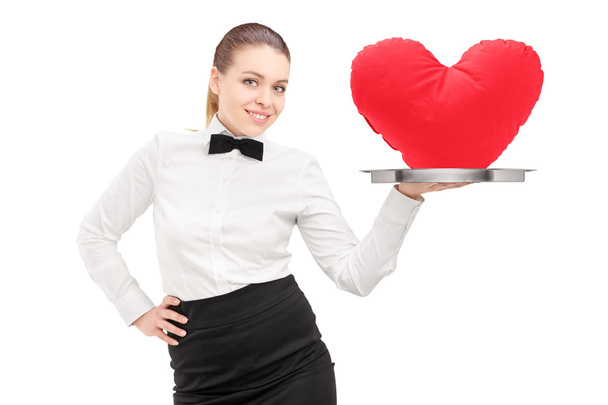 Waitress holding tray with heart - Foto, afbeelding