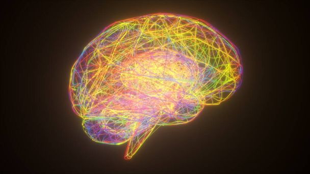 Cerveau néon coloré, généré par ordinateur. 3d rendant toile de fond abstraite à partir de filet mince - Photo, image