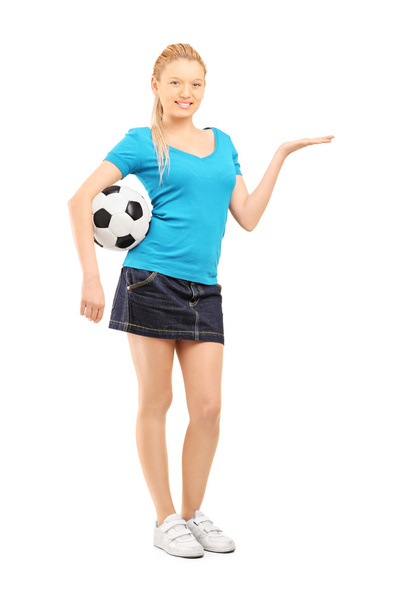 Female holding soccer ball - Zdjęcie, obraz
