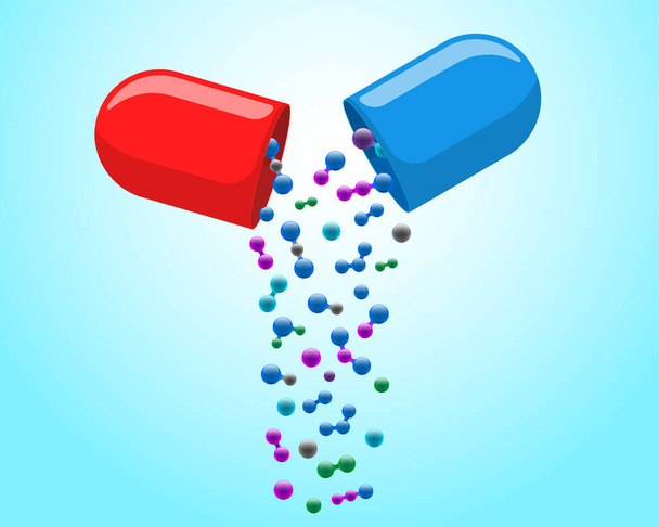 Léková kapsle pilulka otevřena s vypadávající barevné molekuly. Léky drogové vitamíny zlepšit zdravotní koncepci. Červené a modré farmaceutické antibiotické půlky s vektorovou ilustrací částic - Vektor, obrázek