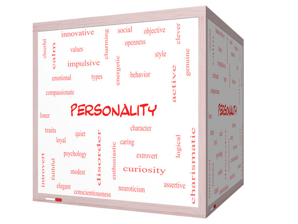 έννοια σύννεφο λέξη προσωπικότητα σε ένα 3d κύβος whiteboard - Φωτογραφία, εικόνα
