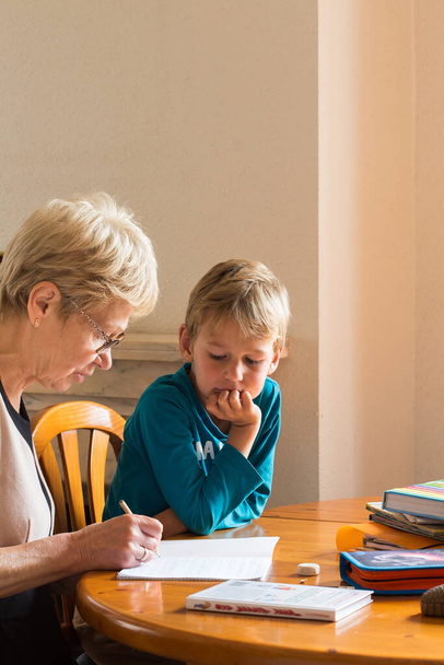 Homeschooling grandmother teaching smart boy, child at home - Photo, Image