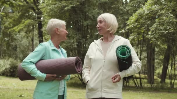 Plan panoramique de deux sportives caucasiennes âgées portant des vêtements de sport debout à l'extérieur avec des tapis de yoga dans les mains, bavardant, puis regardant la caméra et souriant - Séquence, vidéo