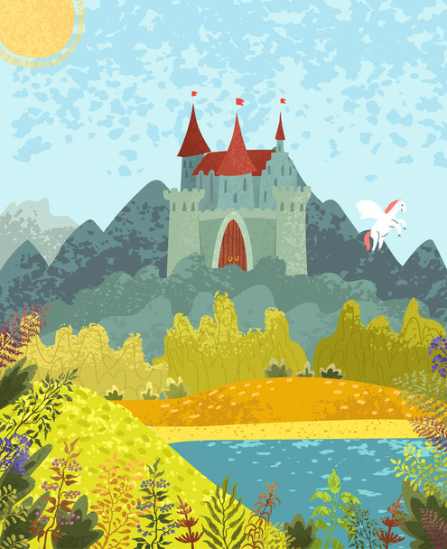 Báječná krajina s hradem a pegasem - Vektor, obrázek