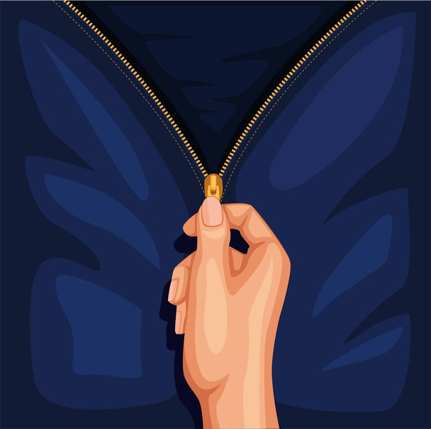Mão roupas zip aberto. conceito de símbolo de jeans ou jaqueta no vetor de ilustração de desenhos animados - Vetor, Imagem