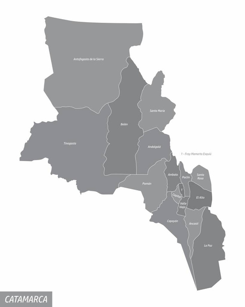 Mapa aislado de la provincia de Catamarca dividido en departamentos con etiquetas, Argentina - Vector, Imagen