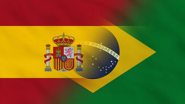 Spanyolország és Brazília Wavy Fabric Flag. Spanyol zászló. Brazil zászló. Európa zászlók. Dél-Amerika. Ünneplés. Háttér szövet. - Fotó, kép