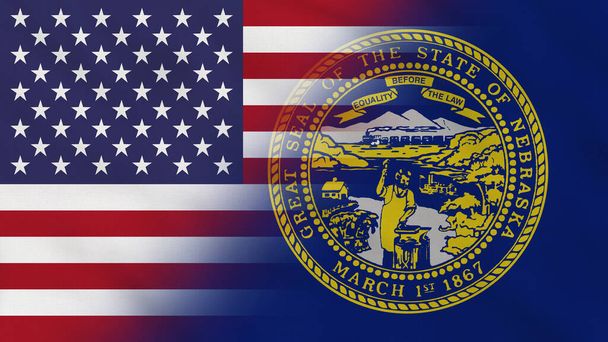 Nebraska State USA Wavy Fabric Flag. Verenigde Staten vlag. De staat Nebraska vlag. Noord-Amerikaanse vlaggen. Feest. Patriotten. Achtergrondstof. - Foto, afbeelding