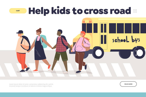 Help kids to cross road concept of landing page with group of children on crosswalk - Vector, Image