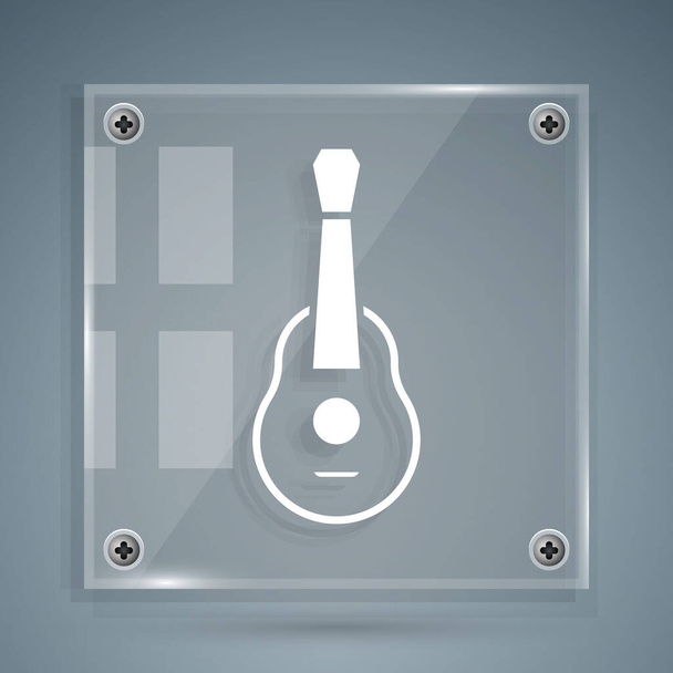 White Guitar icon isolated on grey background. Acoustic guitar. String musical instrument. Square glass panels. Vector. - Vector, Image