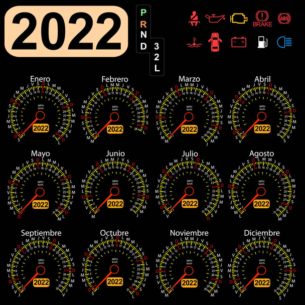 2022 año un coche velocímetro calendario en español. - Vector, Imagen