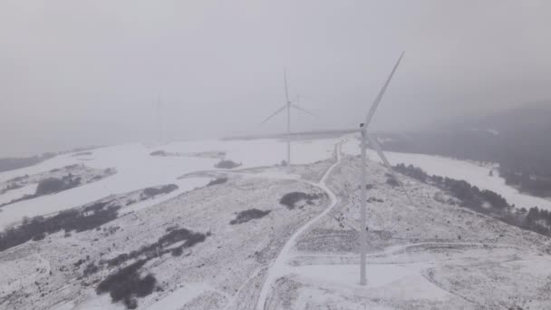 Aerial View of a Wind Farm télen, forgó turbinák egy havas területen Ukrajnában - Felvétel, videó