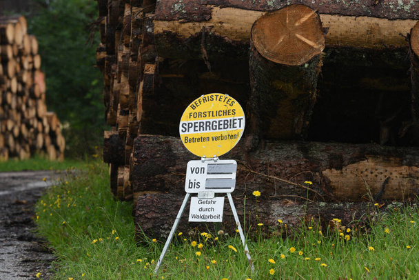 sinal de área restrita durante o corte de madeira e o corte na floresta - Foto, Imagem