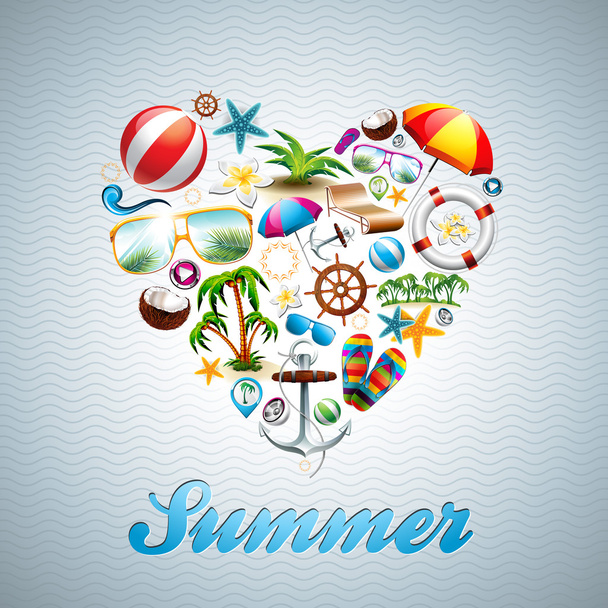 Vector Love Heart Summer Holiday design set on wave background. - Вектор,изображение