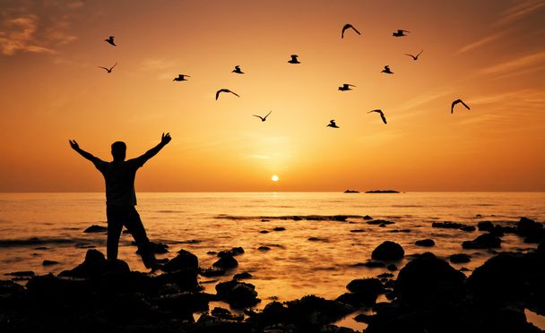 Uomo sensazione di libertà sulla spiaggia durante l'alba, uccelli che volano intorno
 - Foto, immagini