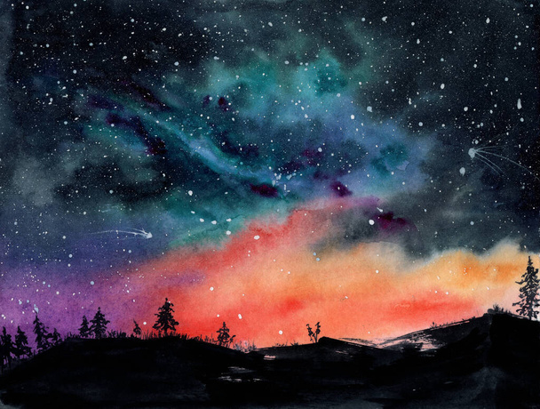  Ilustração aquarela de um céu estrelado brilhante com árvores e chão escuro - Foto, Imagem