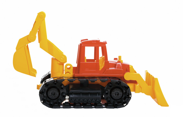 Plastic toy bulldozer isolated on white background - Photo, Image
