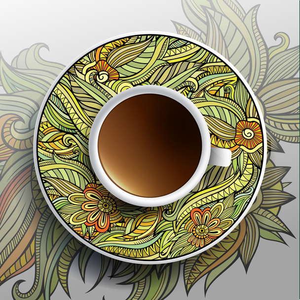 Cup of coffee and floral ornament - Vector, Image