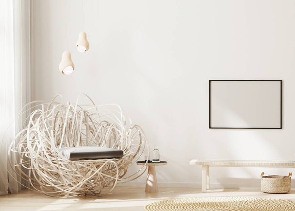 Marco horizontal en blanco se burlan de la pared en el fondo interior de la sala de estar moderna en tonos beige claro, representación 3d - Foto, imagen