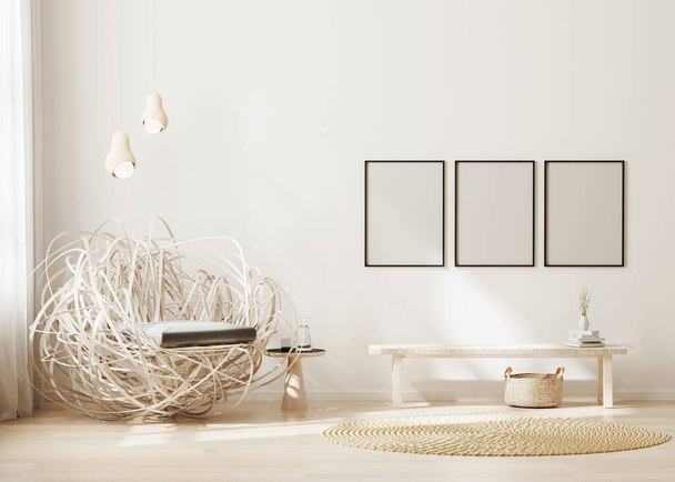 Moldura em branco simular no fundo interior moderno, luz bege sala de estar com poltrona elegante, modelo de quadro de cartaz, estilo escandinavo, renderização 3d - Foto, Imagem