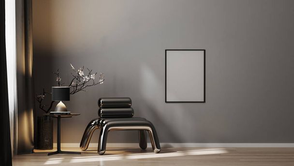 Cornice poster vuota su parete grigia su sfondo interno di lusso in toni scuri con poltrona in metallo, cornice modellata su sfondo interno moderno, rendering 3d - Foto, immagini