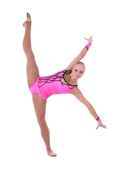 Досить гнучка дівчина танцюрист гімнастка на білому тлі
 - Фото, зображення