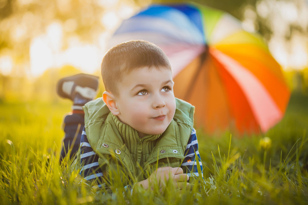 Portrait of a happy little boy in the park - Zdjęcie, obraz