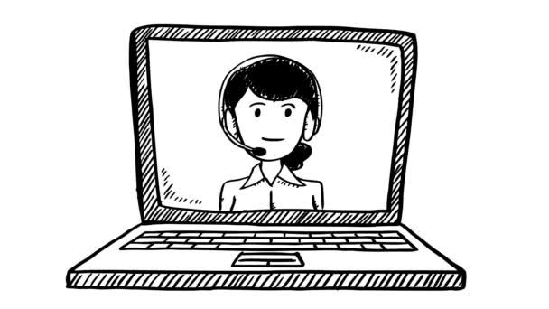 Animation de style dessin animé noir et blanc, d'une femme de service à la clientèle, qui apparaît sur l'écran du carnet. L'animation parlante est en boucle facile à éditer. - Séquence, vidéo