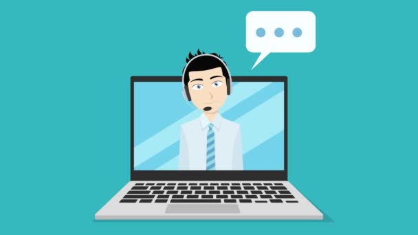 Çizgi film stili, müşteri hizmetleri desteğinin renkli animasyonu. Kulaklıklı mutlu siyah saçlı adam bilgisayar ekranında konuşuyor. Canlandırmayı düzenlemek kolaydır.. - Video, Çekim