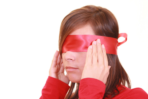 blindfold lady in red isolated on white - Foto, afbeelding