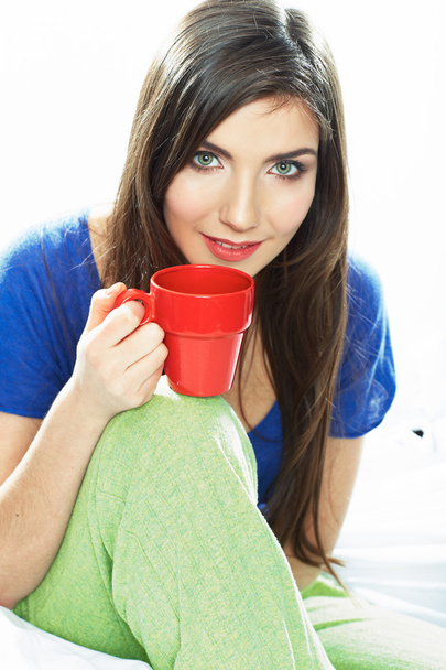 Woman with red coffee cup. - Zdjęcie, obraz