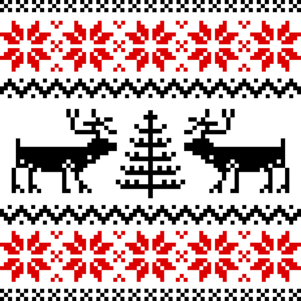 Nordic pattern with deer, black and red silhoeuttes isolated on white background. - Vector, Image