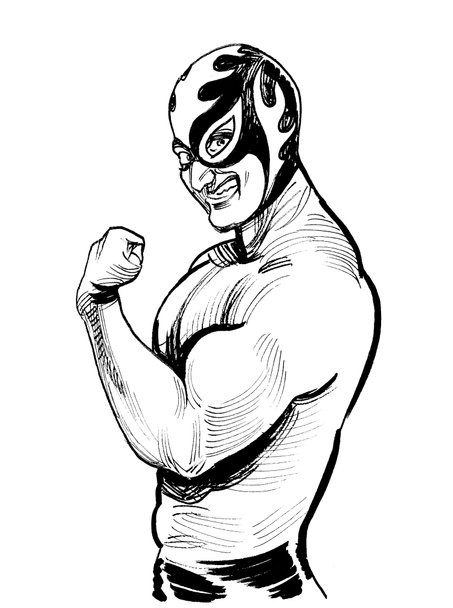Luchador mexicano flexionando bíceps. Dibujo en blanco y negro de tinta - Foto, Imagen