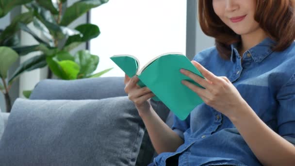 Genç Asyalı kadın sıcak evdeki kanepede kitap okuyor. Rahatla kadın kanepede kitap okuyarak mutlu oluyor. Boş zamanlarında kitap okuyan kadın. Mutluluk kadın yaşam tarzı evde - Video, Çekim