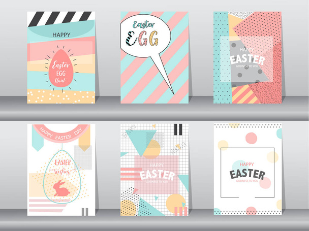 Ensemble de cartes de vœux de Pâques, motif rétro, mignon, illustrations vectorielles  - Vecteur, image