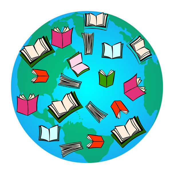 Γη και βιβλία παγκόσμια εκπαίδευση εικονογράφηση vecor απομονώνονται σε λευκό φόντο - Διάνυσμα, εικόνα