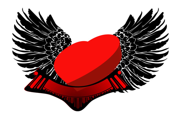 κόκκινη καρδιά 3d με μαύρα φτερά - Διάνυσμα, εικόνα