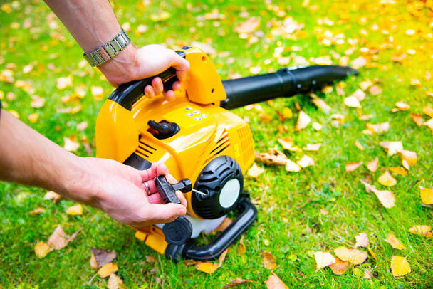 Starting a handheld, cordless, electric leaf blower in a garden, selective focus. Autumn, fall gardening works in a backyard, on a lawn, grass. Garden works. - Foto, immagini