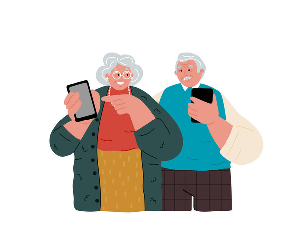 Grandmother is teaching grandfather how to use a cell phone. Pensioners and new technology. - Vector, Image