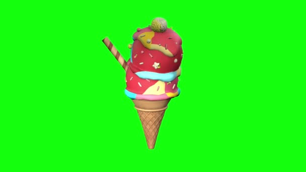 Realistyczny model 3D lodów z waflowym stożkiem obracanym wokół osi na zielonym ekranie  - Materiał filmowy, wideo