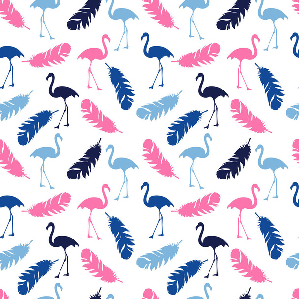 Zökkenőmentes minta egzotikus rózsaszín és kék flamingókkal és tollakkal fehér alapon. Szövet, textil, papír, ágynemű nyomtatására szolgáló madarak.  - Fotó, kép