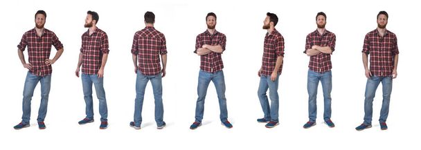 the same man in various poses with plaid shirt on white background  - Photo, Image