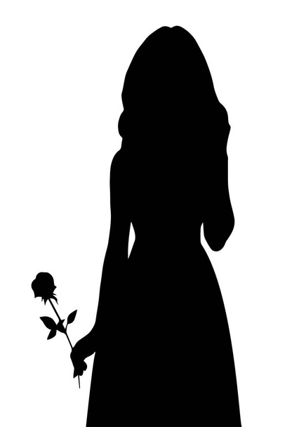 Черный силуэт молодой девушки с розой в руке. Стоя в платье. Векторная изолированная иллюстрация - Вектор,изображение